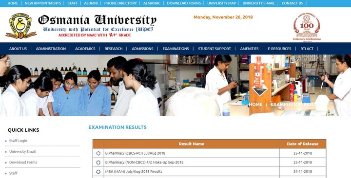 Osmania University Results 2018 and Osmania University BPharm, MBA Results Announced at osmania.ac.in Osmania University Results 2018: Osmania University B.Pharm, M.B.A results ANNOUNCED @osmania.ac.in