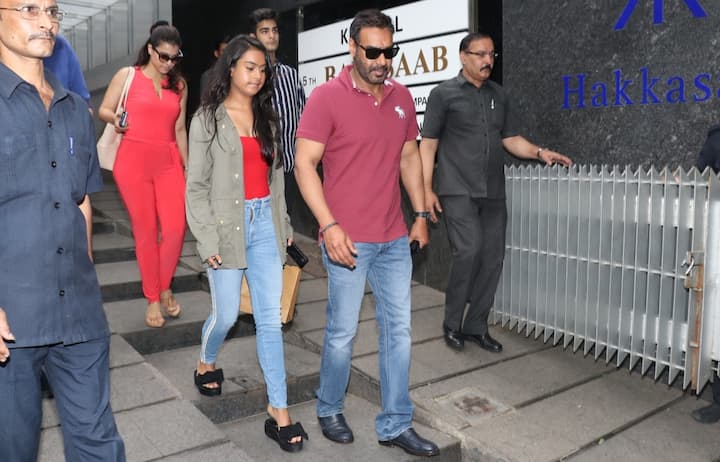 Kajol, Nysa and Ajay returning after family lunch at Hakkasan, Mumbai