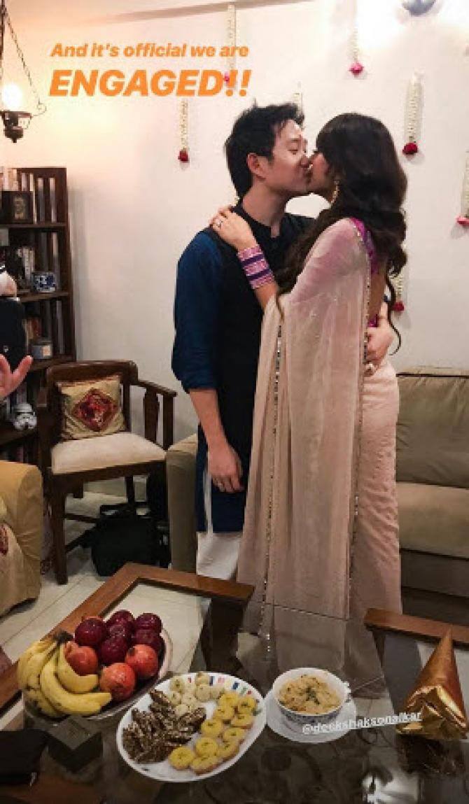 Here's a picture of the couple sealing it with a kiss on their engagement ceremony. (Photo: Instagram)