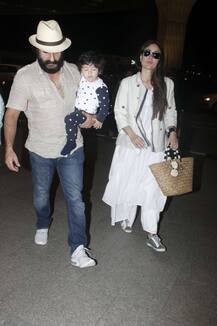 IN PICS: Saif-Kareena and a SLEEPY Taimur Ali Khan leave for Maldives for family vacation!