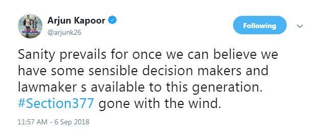Arjun Kapoor: Sanity prevails for once we can believe we have some sensible decision makers and lawmaker s available to this generation. #Section377 gone with the wind. (Photo: Twitter)