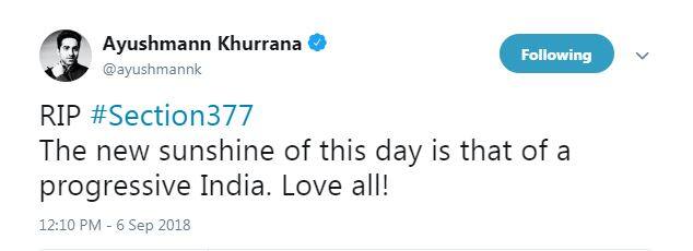 Ayushmann Khurrana: RIP #Section377 The new sunshine of this day is that of a progressive India. Love all! (Photo: Twitter)