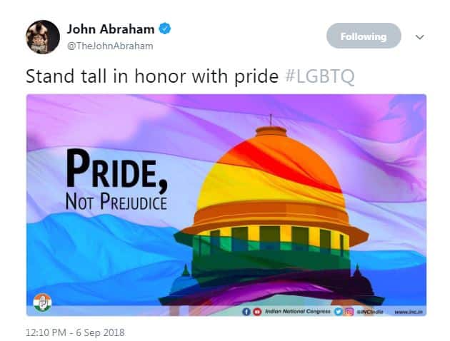 John Abraham: Stand tall in honor with pride #LGBTQ (Photo: Twitter)