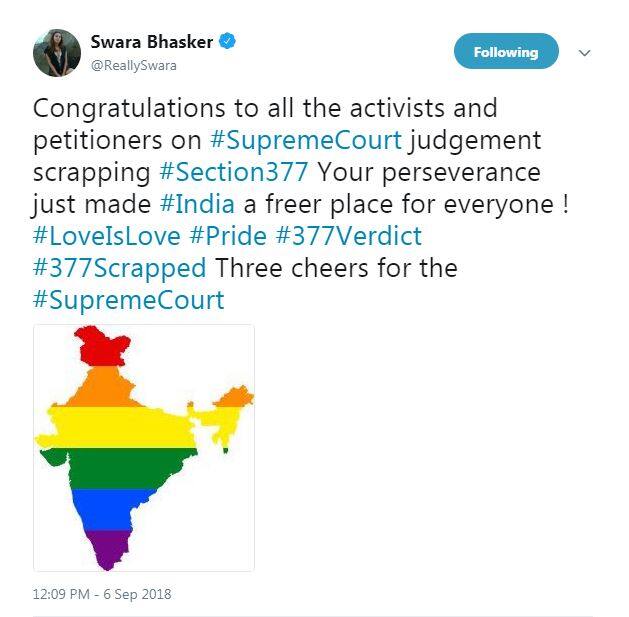 Swara Bhasker: Congratulations to all the activists and petitioners on #SupremeCourt judgement scrapping #Section377 Your perseverance just made #India a freer place for everyone ! #LoveIsLove #Pride #377Verdict #377Scrapped Three cheers for the #SupremeCourt (Photo: Twitter)