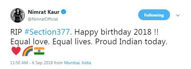 Nimrat Kaur: RIP #Section377. Happy birthday 2018 !! Equal love. Equal lives. Proud Indian today. ♥️???????????? (Photo: Twitter)