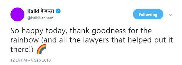 Kalki Koechlin: So happy today, thank goodness for the rainbow (and all the lawyers that helped put it there!) ???? (Photo: Twitter)
