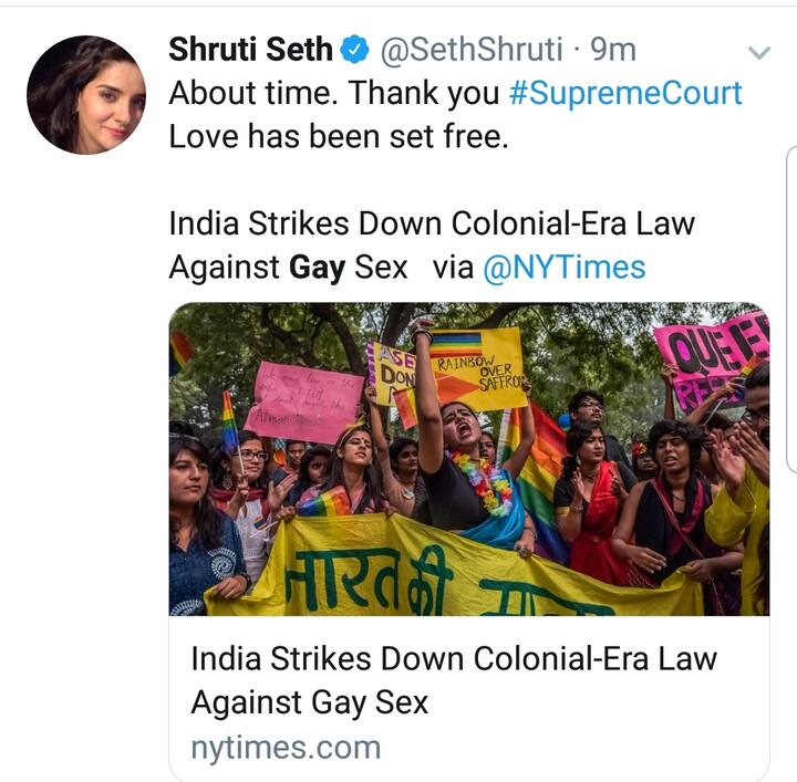 Shruti Seth: About time. Thank you #SupremeCourt Love has been set free. India Strikes Down Colonial-Era Law Against Gay Sex (Photo: Twitter)