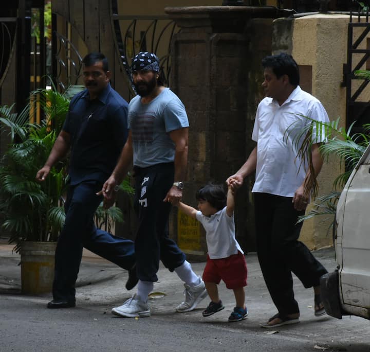 The young prince was spotted holding his father, Saif Ali Khan’s hand while the two were taking a walk in Bandra outside their house at Fortune Heights.