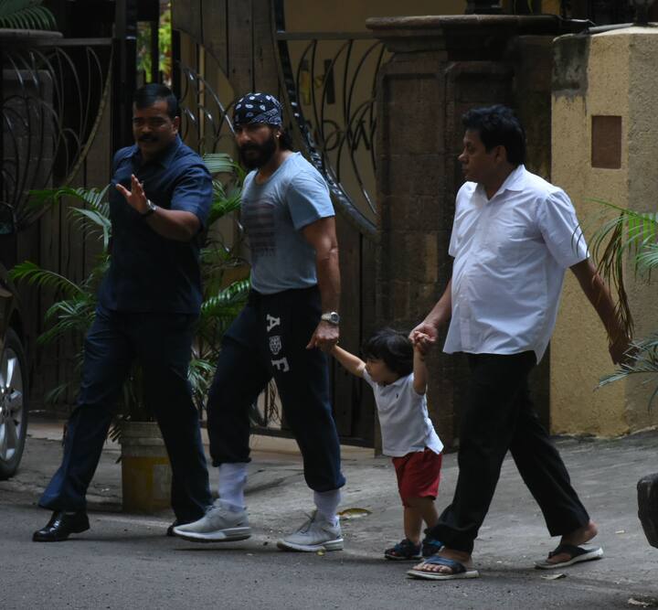 Taimur, who wore a white t-shirt, red shorts and black and blue sneakers, and was too cute to handle while Saif Ali Khan was wearing a t-shirt, trackpants, sneakers and a bandana 