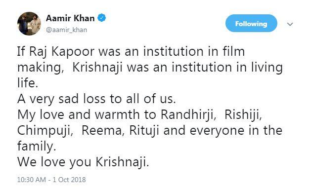 Aamir Khan: If Raj Kapoor was an institution in film making, Krishnaji was an institution in living life. A very sad loss to all of us. My love and warmth to Randhirji, Rishiji, Chimpuji, Reema, Rituji and everyone in the family. We love you Krishnaji. (Source: Twitter)