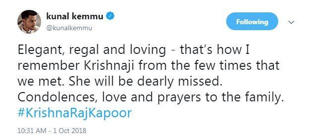Kunal Kemmu: Elegant, regal and loving - that’s how I remember Krishnaji from the few times that we met. She will be dearly missed. Condolences, love and prayers to the family. #KrishnaRajKapoor (Source: Twitter)