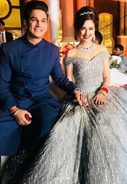 Prince looked dapper in a blue indo-western kurta with pants whereas Yuvika looked like a princess in a silver-grey Cinderella gown paired with diamond jewellery.(Photo: Instagram)