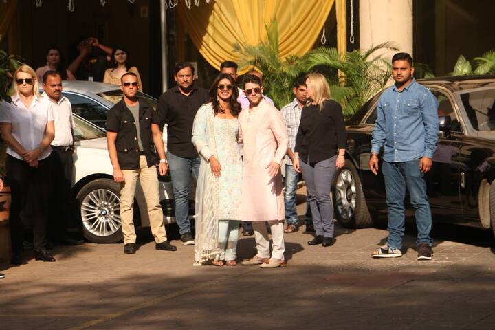 Bride-to-be Priyanka Chopra and her groom-to-be Nick Jonas' wedding celebrations started with a puja at Priyanka's Mumbai home on Wednesday