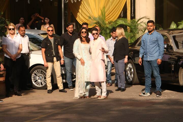 The actress wore an embroidered pastel blue suit while her fiance complemented her in a pink kurta. 