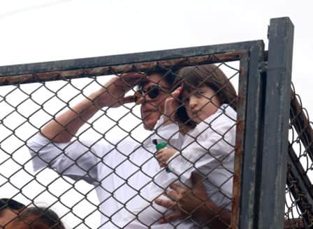 Bollywood actor Shahrukh Khan along with his son AbRam during the Eid al-Fitr celebration at his residence Mannat, in Mumbai, India on July 7, 2016. (SOLARIS IMAGES)