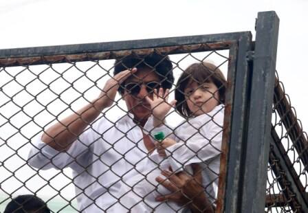 Bollywood actor Shahrukh Khan along with his son AbRam during the Eid al-Fitr celebration at his residence Mannat, in Mumbai, India on July 7, 2016. (SOLARIS IMAGES)