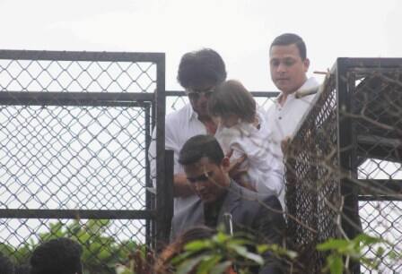 Bollywood actor Shahrukh Khan along with his son AbRam during the Eid al-Fitr celebration at his residence Mannat, in Mumbai, India on July 7, 2016. (Pravin Utturkar/SOLARIS IMAGES)