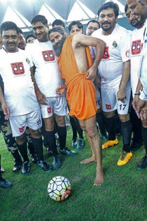 Yoga guru Baba Ramdev during Sadhbhavna Football Match between Parliamentary MP vs All Stars for the Beti Bachao, Beti Padhao, in New Delhi, India 