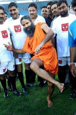 Yoga guru Baba Ramdev during Sadhbhavna Football Match between Parliamentary MP vs All Stars for the Beti Bachao, Beti Padhao, in New Delhi, India 