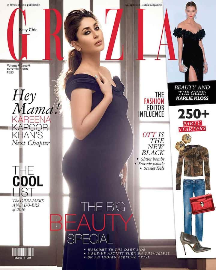 Kareena on Grazia December issue Cover. On the cover, Kareena can be seen flaunting her baby bump in a custom made Gaurav Gupta gown. Stylist Ekta Rajani paired the midnight blue gown with Upta stud earrings from Swarovski while hair and make-up artist Subhash Vaghal gave her face a dewy shine, beautiful smokey eyes and a romantic hairdo. (Pic Credit: Grazia)
