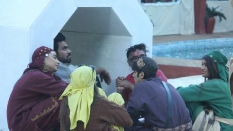 Rohan Mehra and Manveer Gurjar even got physical with Babaji since he wouldn't move his set up he had put to sit at the igloo door(Pic: Colors)