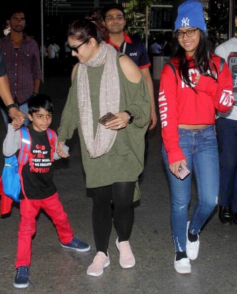 Kajol's younger son Yug looked cute in a black T-shirt and red pants(Pravin Utturkar/ SOLARIS IMAGES)