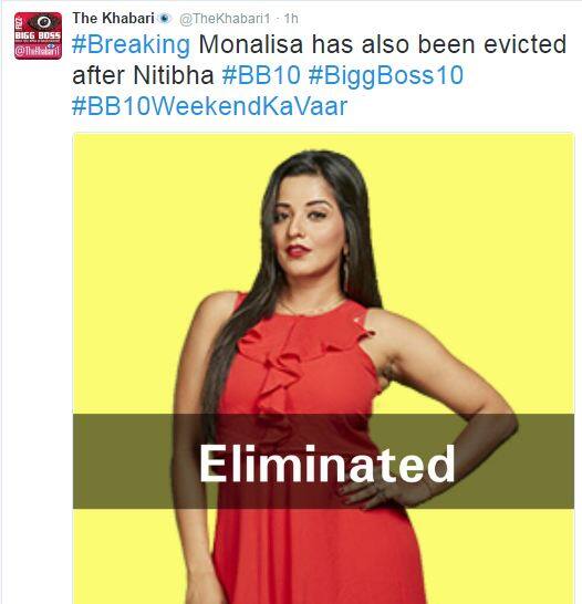 The famous BB 10 source, the Tweet handle @TheKhabari1 had reported that Mona was the second housemate to get eliminated from BB 10 after Nitibha Kaul but now now reports claim that this elimination will happen in the coming mid week(Photo: Twitter)