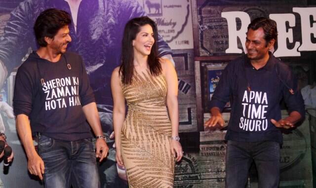 Bollywood actors Shahrukh Khan, Sunny Leone and Nawazuddin Siddiqui during the success party of film Raees in Mumbai, India on January 30, 2017. (Pravin Utturkar/SOLARIS IMAGES)