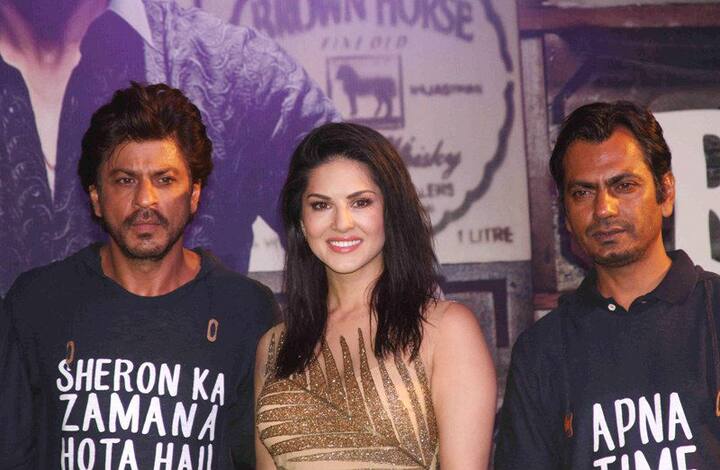 Bollywood actors Shahrukh Khan, Sunny Leone and Nawazuddin Siddiqui during the success party of film Raees in Mumbai, India on January 30, 2017. (Pravin Utturkar/SOLARIS IMAGES)