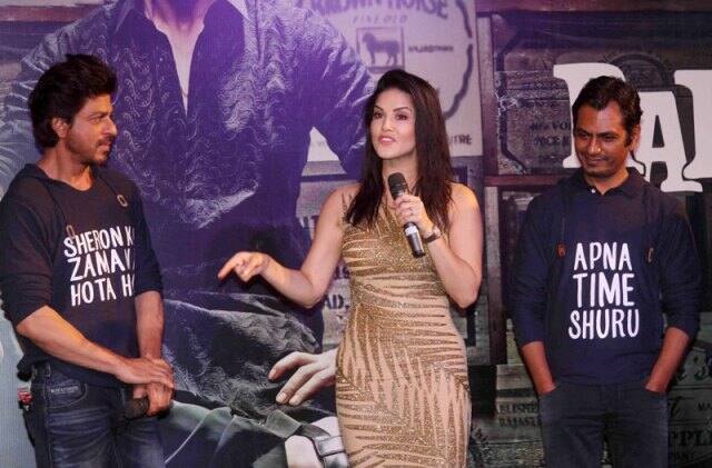 Bollywood actors Shahrukh Khan, Sunny Leone and Nawazuddin Siddiqui during the success party of film Raees in Mumbai, India on January 30, 2017. (Pravin Utturkar/SOLARIS IMAGES)