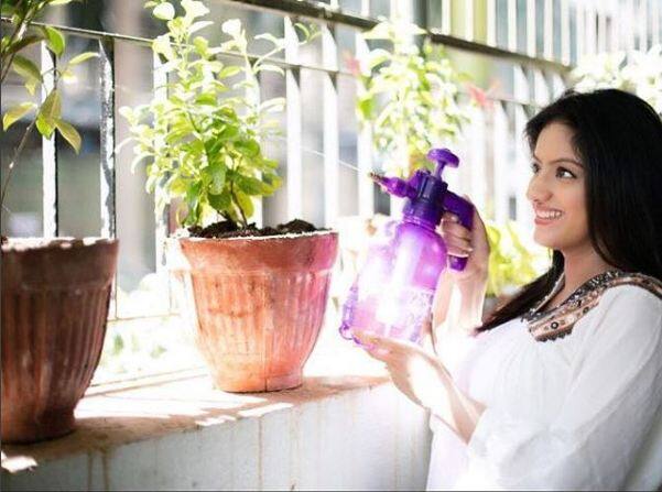 The glowing mother-to-be is spending a good time at home cooking, reading and looking after the plants. This pic from a month ago was captioned by her - 