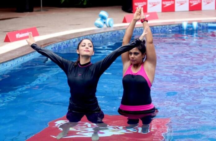 Bollywood actor Yami Gautam practice Speedo Aquafit-Vertical underwater fitness training program in Mumbai, India on June 21, 2017. (SOLARIS IMAGES)