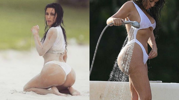 600px x 337px - SEE PICS: Kim Kardashian flashes underb**b & her famous BUTT in a WHITE HOT  SWIMSUIT!