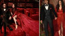 Deepika Ranveer Mumbai Bollywood reception: Deepika Padukone in a red gown with long train & Ranveer Singh in  black suit