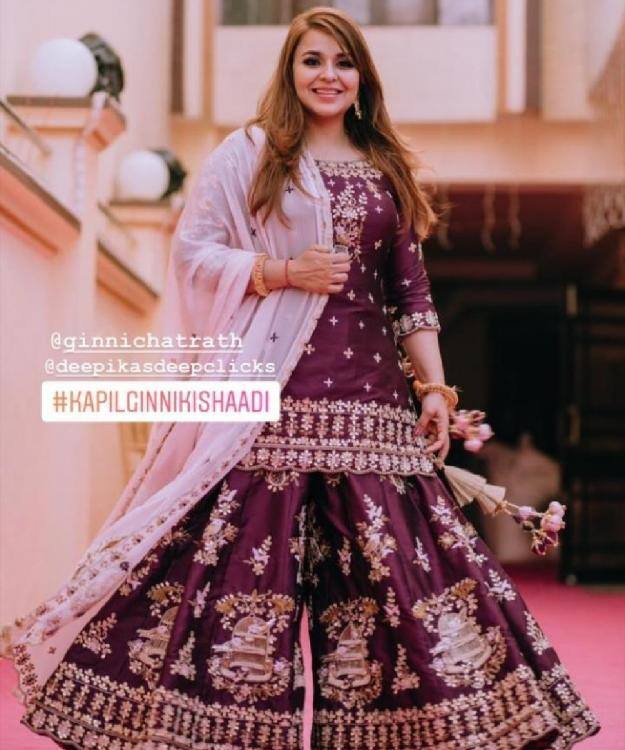 For the Akhad path, bride-to-be Ginni opted for a purple-coloured sharara & looked super-happy. (Photo: Instagram)