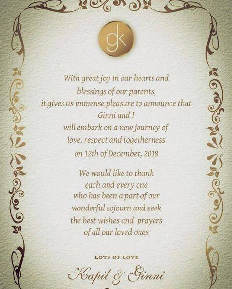 Here's the picture of Kapil-Ginni's wedding card posted by the comedian on social media. (Photo: Instagram)