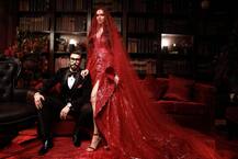 Deepika Ranveer Mumbai Bollywood reception: Deepika Padukone in a red gown with long train & Ranveer Singh in  black suit