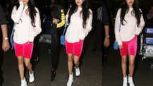 IN PICS: Sridevi's STYLISH daughter Jhanvi Kapoor gives FASHION GOALS in PINK VELVET tights at the airport as she returns back from US holiday with FAMILY!