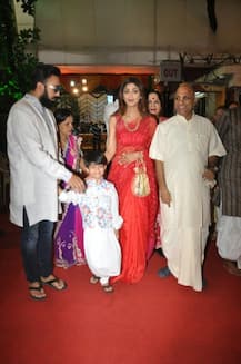 PICS: Shilpa Shetty ravishing in red saree & son Viaan in a dhoti-kurta during ISKCON temple visit on Janmashtmi!