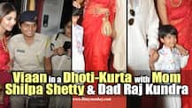 PICS: Shilpa Shetty ravishing in red saree & son Viaan in a dhoti-kurta during ISKCON temple visit on Janmashtmi!