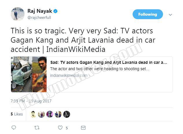 The CEO of Colors Channel Raj Nayak has mourned the death of his two actors and sent out a message on Twitter.