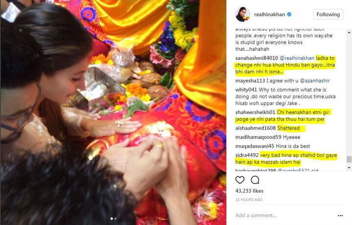 Hina got all sort of Nasty and vulgar comments where she was targeted for worshiping idol and visiting temple being a muslim. Check out some hate comments here...(Photo: Instagram/ Hina Khan)