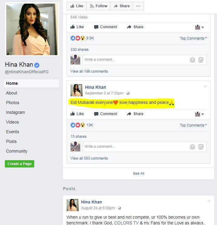 However, she did wish Eid to her fans on both her official Twitter & Facebook profiles. (Photo: Facebook/ Hina Khan)
