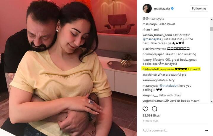 Sanjay Dutt's elder daughter (from his first wife) Trishala Dutt has commented on this super-romantic pic as well. She wrote, 