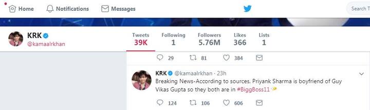 But, few days back, Ex 'Bigg Boss' contestant Kamaal Rashid Khan aka KRK, known for bashing everyone and creating a lot of controversies, made another controversial statement about Vikas and Priyank's relationship and tweeted that they are dating each other.(Photo: Instagram)