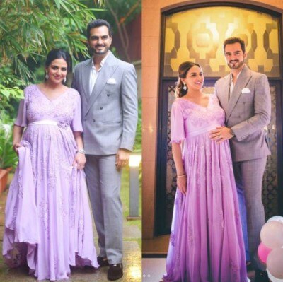 While we await the newborn's picture...here's a look back at Esha's fabulous 9month journey. Here 7 months pregnant Esha posing in purple at her Baby Shower held in August.