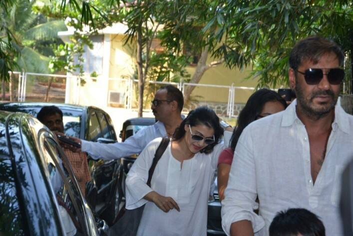 Kajol along with daughter Nysa and son Yug make their way to the screening.