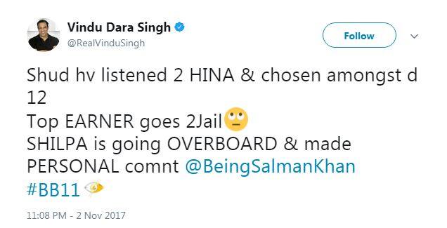 'Bigg Boss 3' winner also showed his displeasure over Shilpa's personal comments for Vikas. He tweeted,