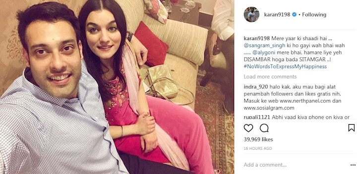 Sangram's co-star Karan Patel aka Raman Bhalla congratulated buddy Sangram and posted the newly-engaged couple's picture with the caption, 