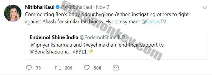Hina has herself been commenting on Bens hygiene and body odour and now taking a strong stand for her only to get back at the rival team is what Nitibha talks about in her tweet.